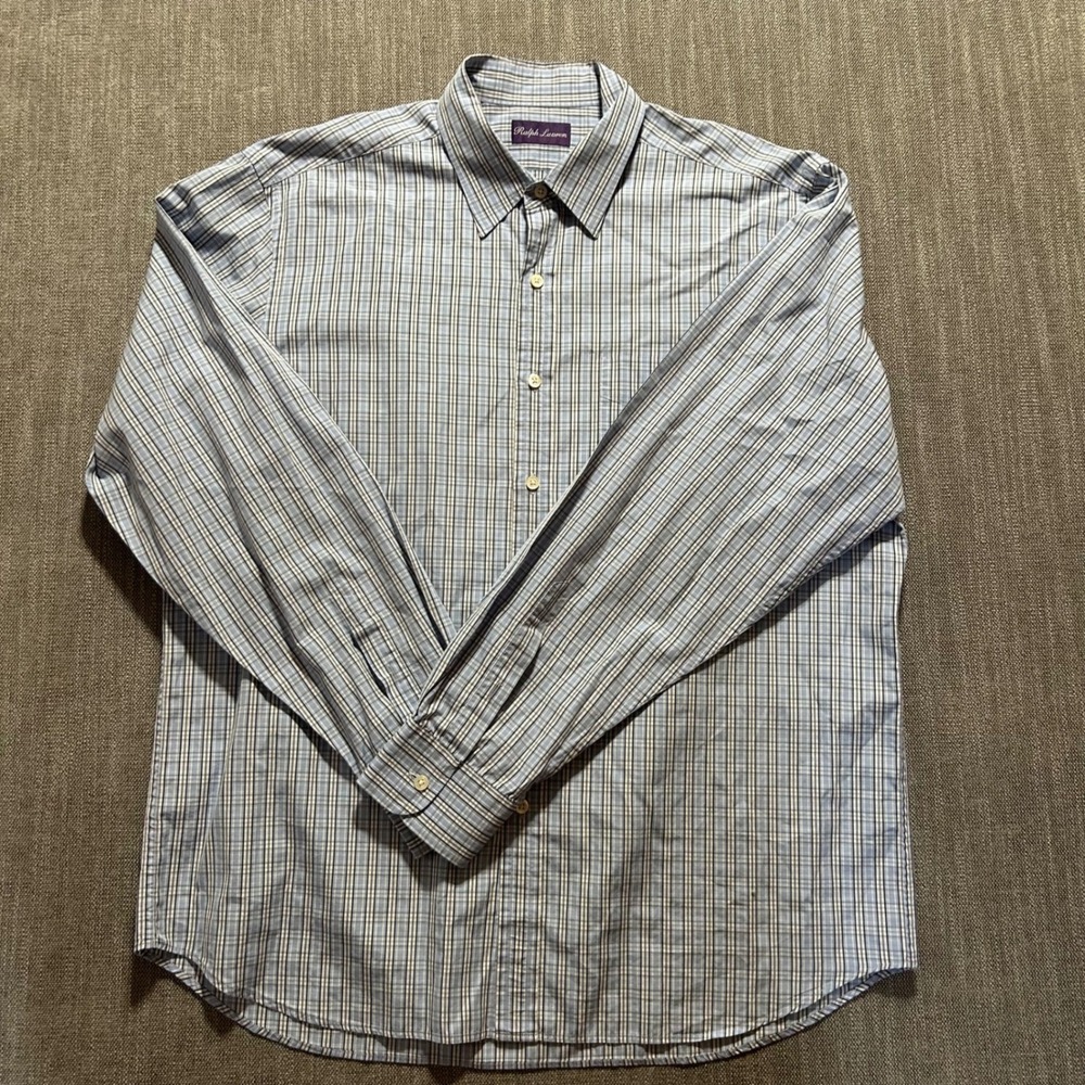 Ralph Lauren Purple Label Button Down Mens XL Blue Plaid Made in Italy Cotton - Picture 7 of 7